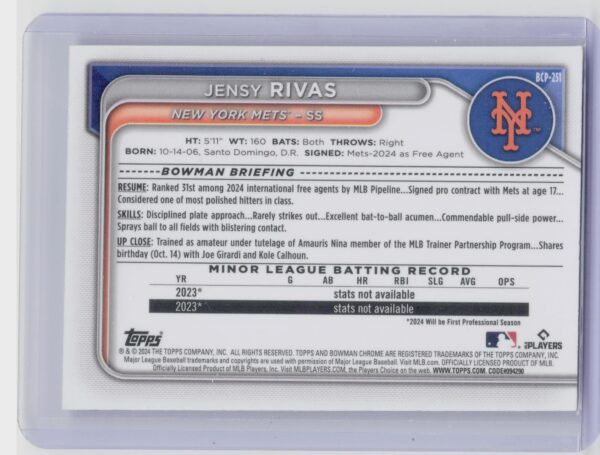 2024 Bowman Chrome Jensy Rivas #BCP-251 Mets Prospects Mojo Refractors - Image 3
