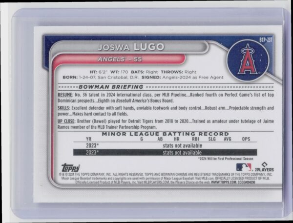 2024 Bowman Chrome Joswa Lugo #BCP-237 Angels Prospects Mojo Refractors - Image 3