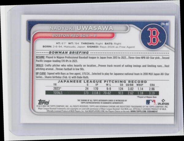 2024 Bowman Chrome Naoyuki Uwasawa #CPA-NU Sox Prospects Autographs Blue Ref - Image 3