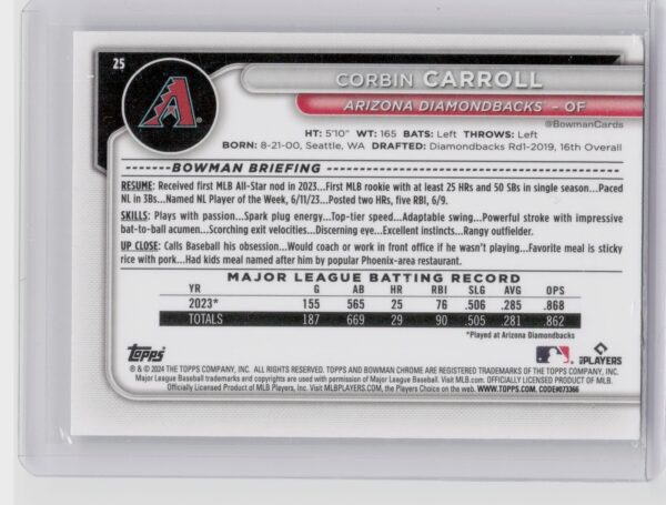 2024 Bowman Corbin Carroll Chrome Mojo Refractors #25 Diamondbacks - Image 3