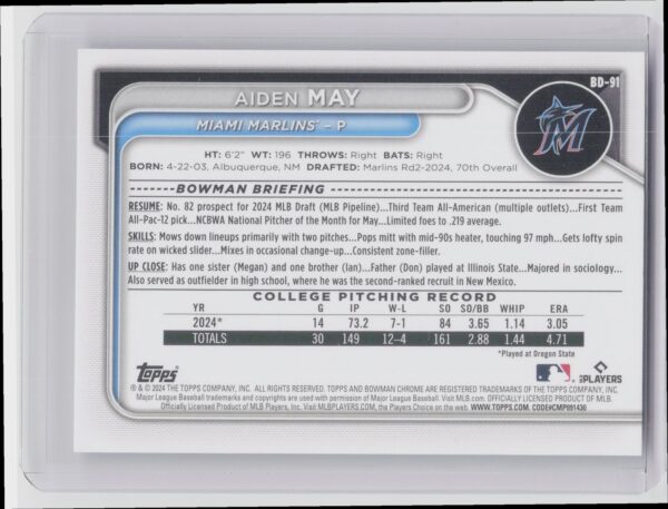 2024 Bowman Draft Aiden May #BD-91 Marlins - Image 3