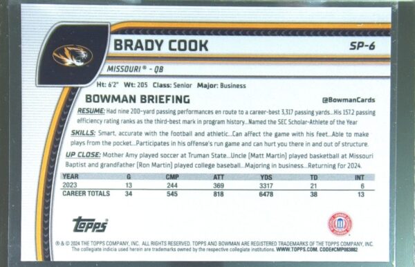 2024 Bowman University Chrome Brady Cook SP Image Variations RC SP-6 Tigers - Image 3