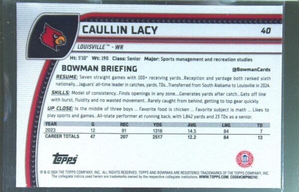 2024 Bowman University Chrome Caullin Lacy Teal Lava Refractor RC 40 Cardinals - Image 3
