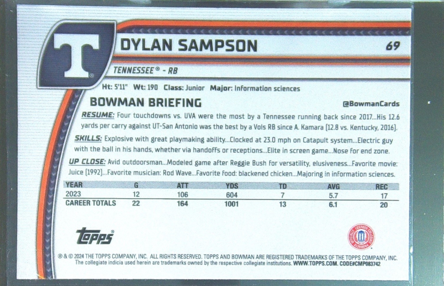 2024 Bowman University Chrome Dylan Sampson #69 Volunteers - Image 3