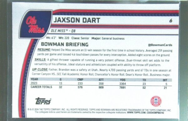 2024 Bowman University Chrome Jaxson Dart #6 Rebels - Image 3