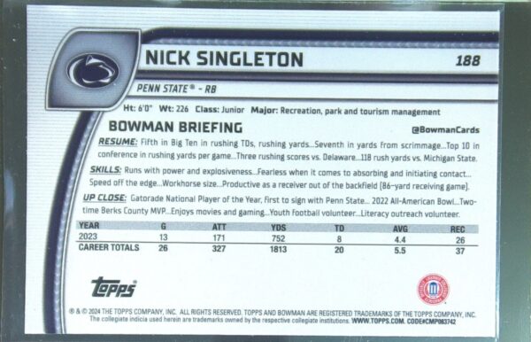 2024 Bowman University Chrome Nick Singleton Pink Lava Refractor RC 188 Lions - Image 3