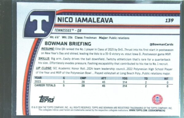 2024 Bowman University Chrome Nico Iamaleava Pink Lava Refractor 139 Volunteers - Image 3