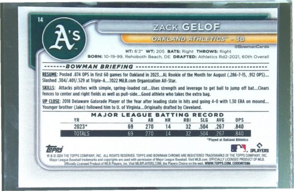 2024 Bowman Zack Gelof Chrome Mojo Refractors RC #14 Athletics - Image 3