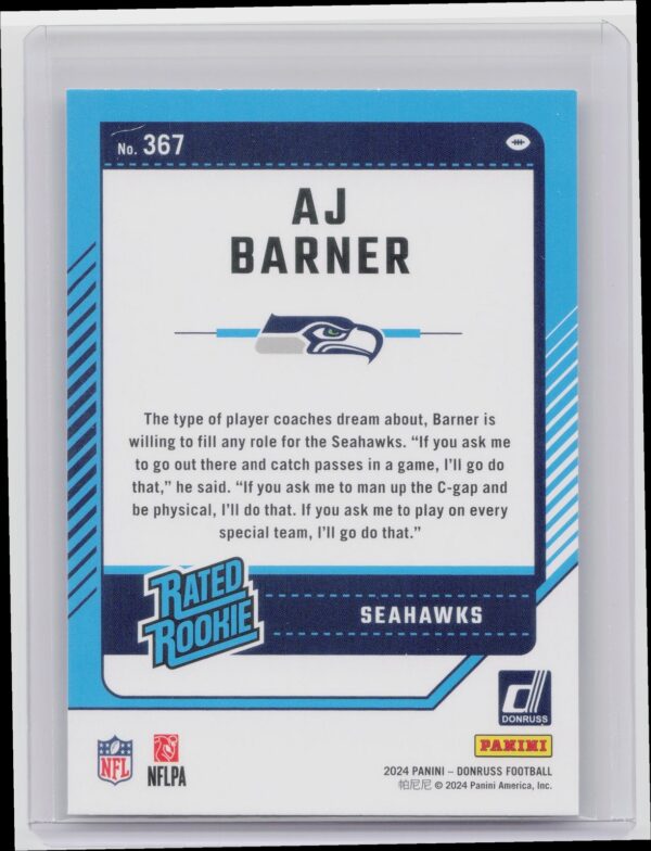 2024 Donruss A.J. Barner Rated Rookie RC 367 Seahawks - Image 3