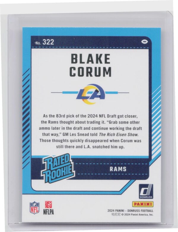 2024 Donruss Blake Corum RC 322 Rams - Image 3