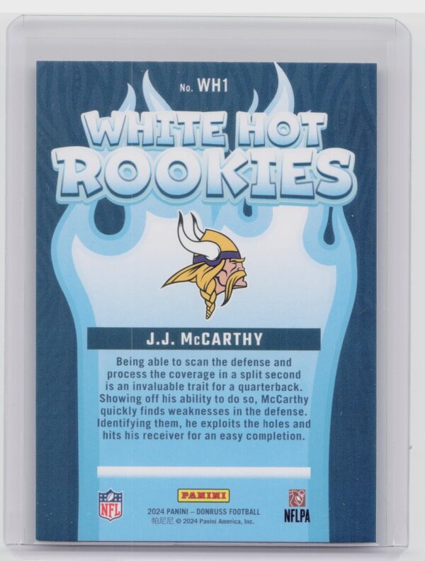 2024 Donruss J.J. McCarthy WH1 Vikings White Hot Rookies - Image 3
