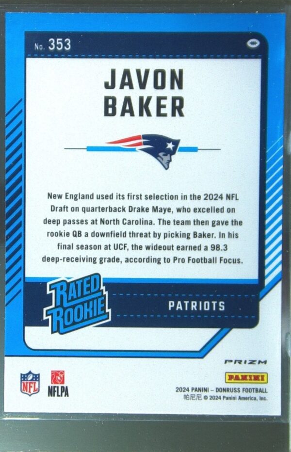 2024 Donruss Javon Baker Optic Rated Rookies Preview Holo RC 353 Patriots - Image 3
