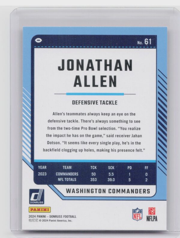 2024 Donruss Jonathan Allen Press Proof Red 61 Commanders - Image 3