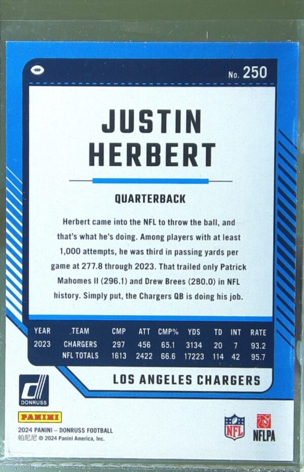 2024 Donruss Justin Herbert Press Proof Purple 250 Chargers - Image 3