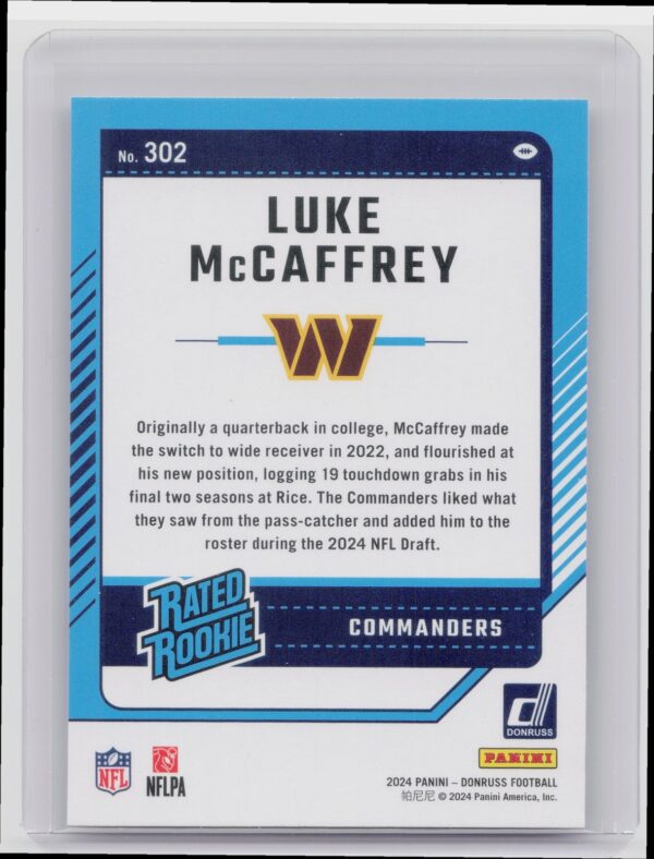 2024 Donruss Luke McCaffrey RC 302 Commanders - Image 3