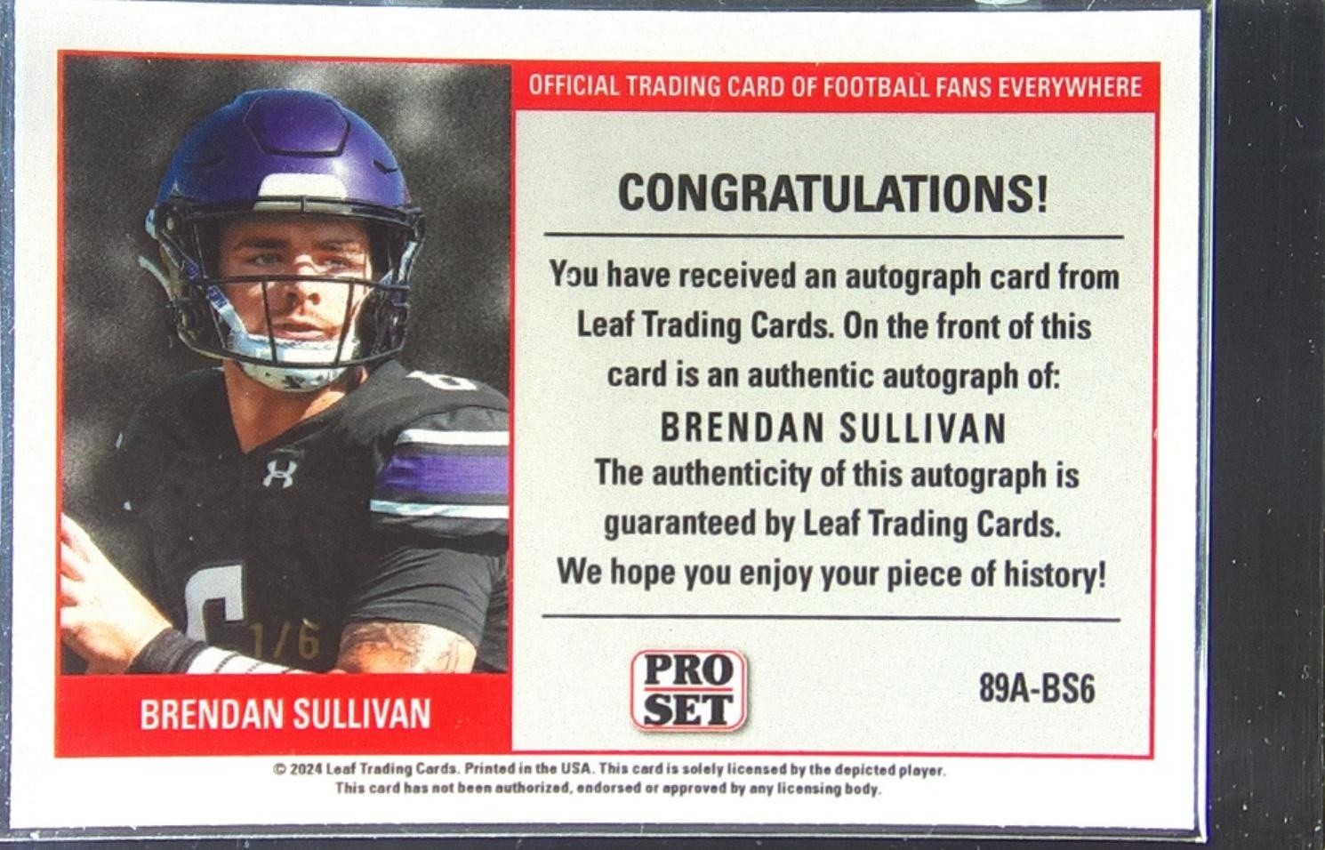 2024 Leaf Collective Brendan Sullivan Auto /6 #89A-BS6 Pro Set Shimmer Black - Image 3