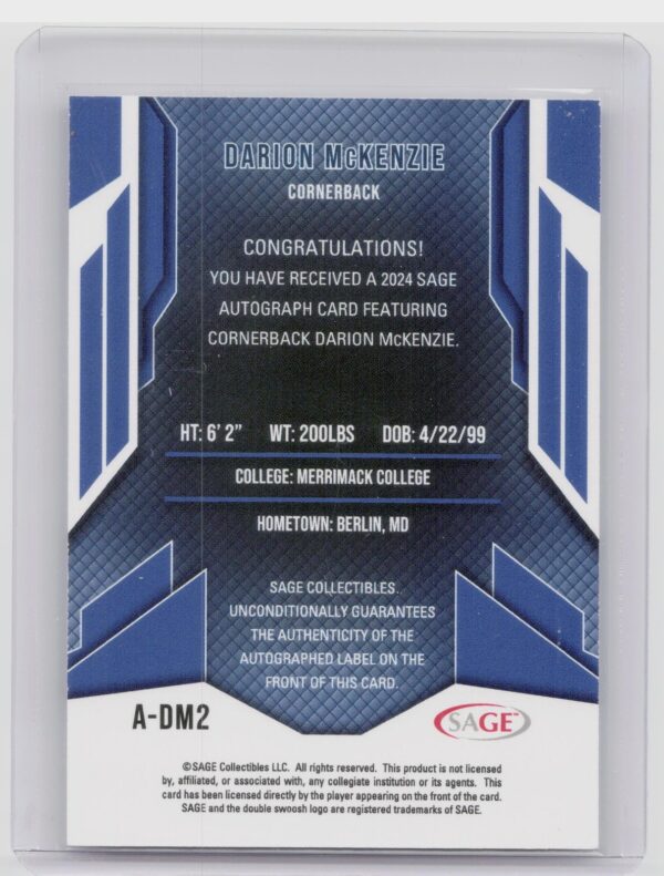 2024 SAGE HIT Darion McKenzie Auto #A-DM2 Warriors Autographs Silver (High Serie - Image 3