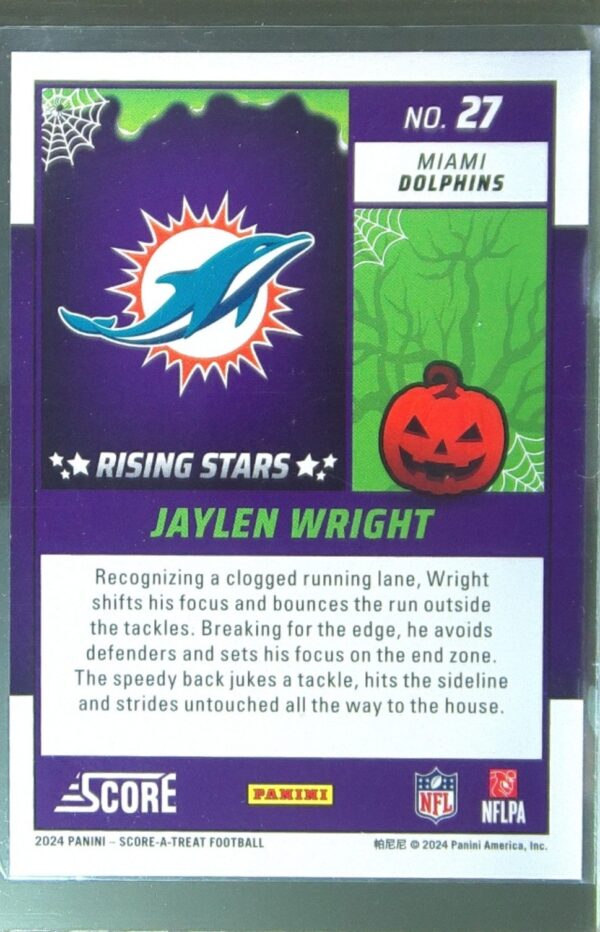 2024 Score-A-Treat Jaylen Wright RC #27 Dolphins Rising Stars Green Bats - Image 3