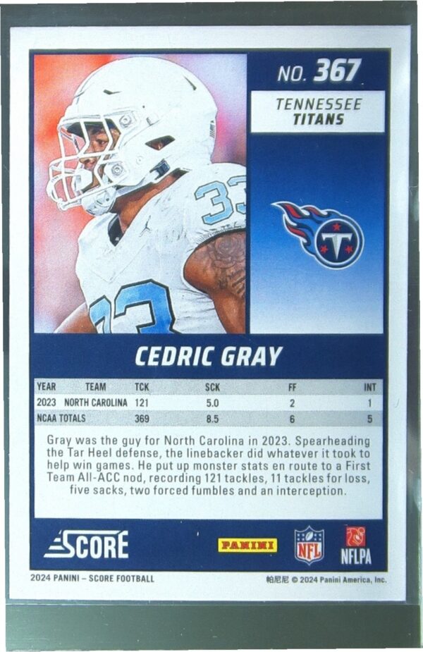 2024 Score Cedric Gray RC #367 Titans - Image 3