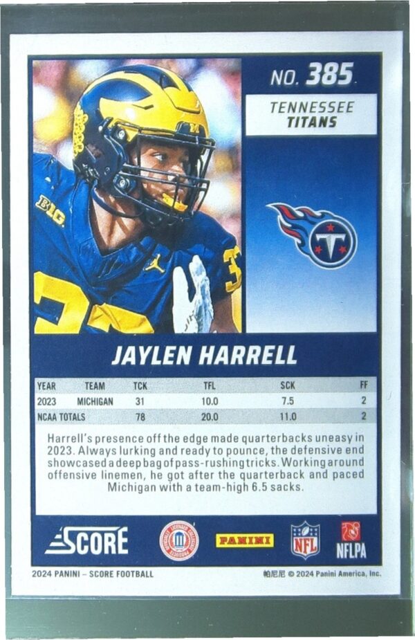 2024 Score Jaylen Harrell RC #385 Titans - Image 3