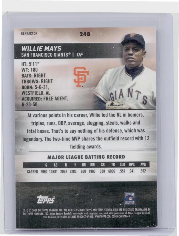 2024 Stadium Club Willie Mays Chrome Refractors #248 Giants - Image 3