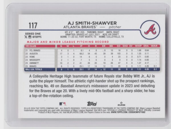 2024 Topps AJ Smith-Shawver Yellow  #117 Braves - Image 3