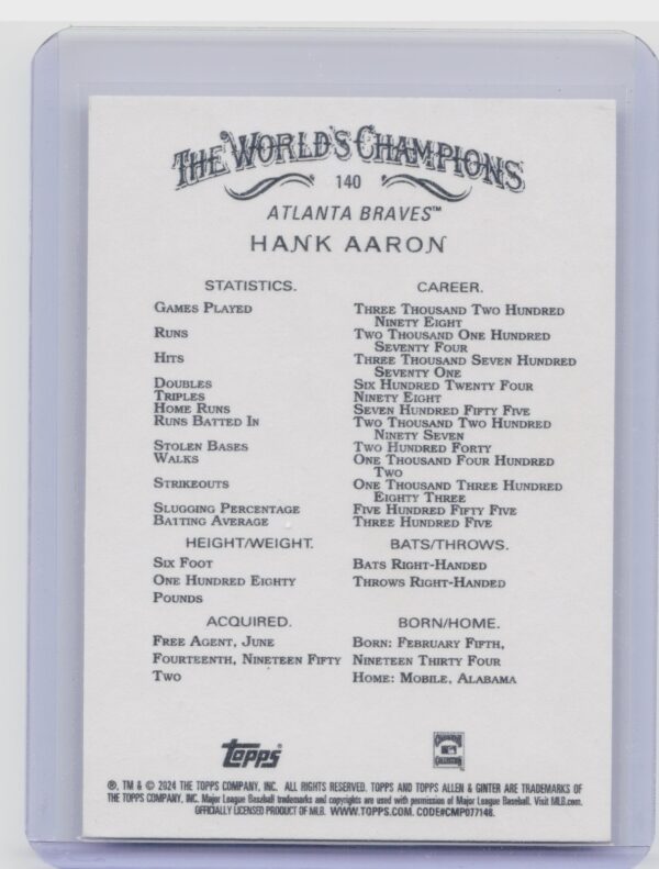 2024 Topps Allen & Ginter Hank Aaron #140 Braves - Image 3