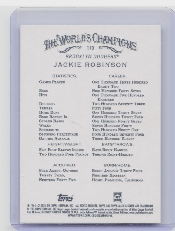 2024 Topps Allen & Ginter Jackie Robinson #170 Dodgers - Image 3