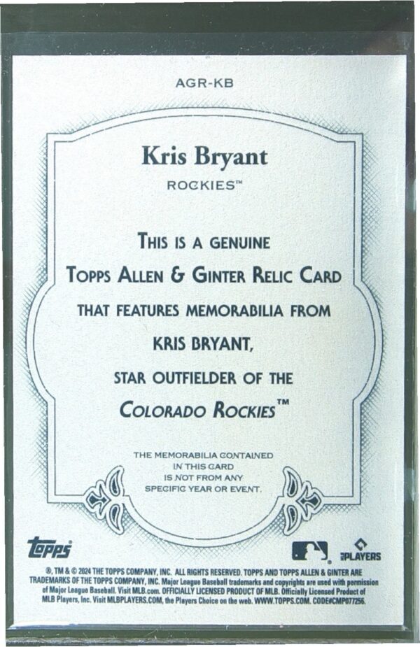 2024 Topps Allen & Ginter Kris Bryant JSY #AGR-KB Rockies Full Size Relics A - Image 3