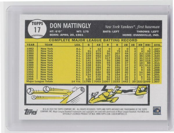 2024 Topps Archives Don Mattingly #17 Yankees - Image 3