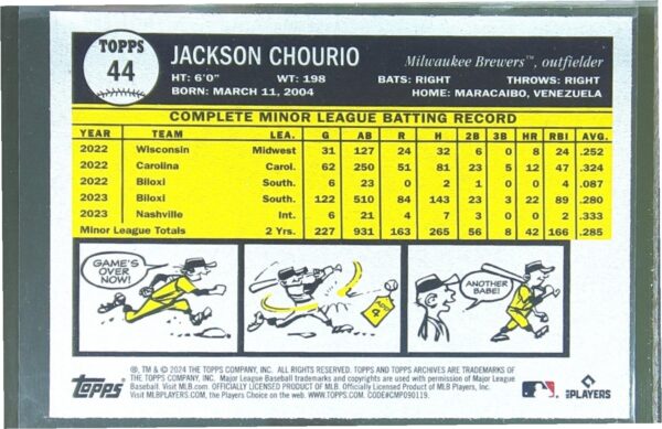 2024 Topps Archives Jackson Chourio RC #44 Brewers - Image 3