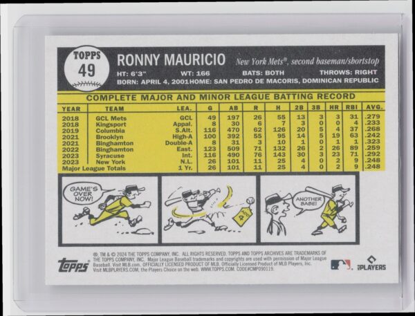 2024 Topps Archives Ronny Mauricio RC #49 Mets - Image 3