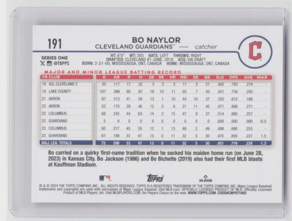 2024 Topps Bo Naylor Future Stars #191 Guardians - Image 3