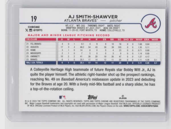 2024 Topps Chrome AJ Smith-Shawver Raywave Refractors #19 Braves - Image 3