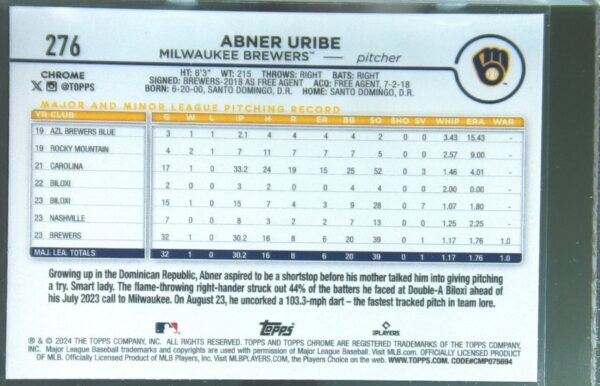 2024 Topps Chrome Abner Uribe RC #276 Brewers - Image 3
