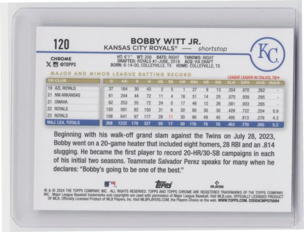 2024 Topps Chrome Bobby Witt Jr. #120 Royals - Image 3