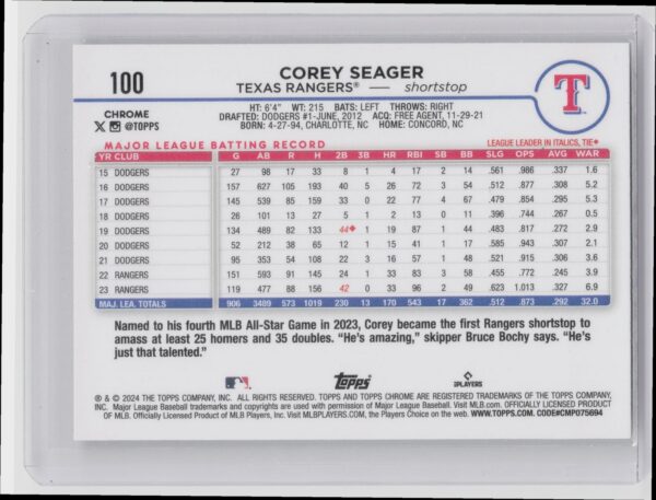2024 Topps Chrome Corey Seager Raywave Refractors #100 Rangers - Image 3