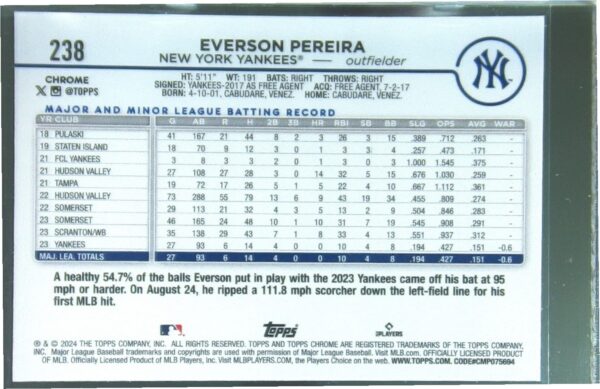 2024 Topps Chrome Everson Pereira RC #238 Yankees - Image 3
