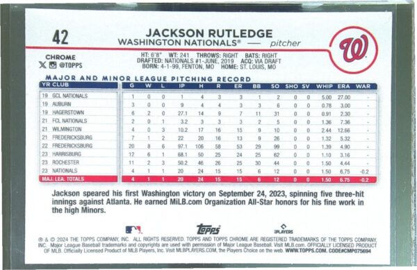 2024 Topps Chrome Jackson Rutledge X Fractors RC #42 Nationals - Image 3