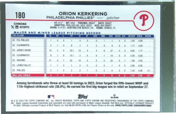 2024 Topps Chrome Orion Kerkering X Fractors RC #180 Phillies - Image 3
