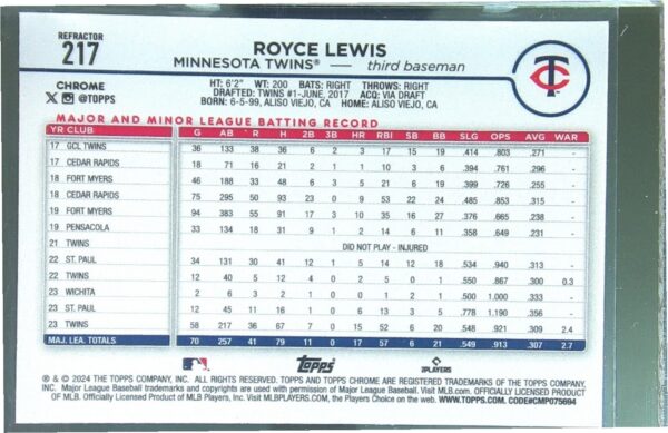 2024 Topps Chrome Royce Lewis Refractors #217 Twins - Image 3