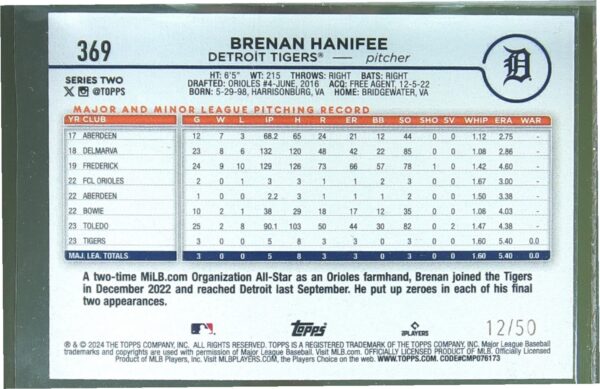 2024 Topps Chrome Sapphire Edition Brenan Hanifee Gold /50 RC #369 Tigers - Image 3