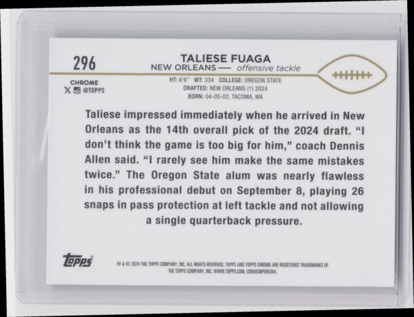2024 Topps Chrome Taliese Fuaga RC 296 Saints - Image 3