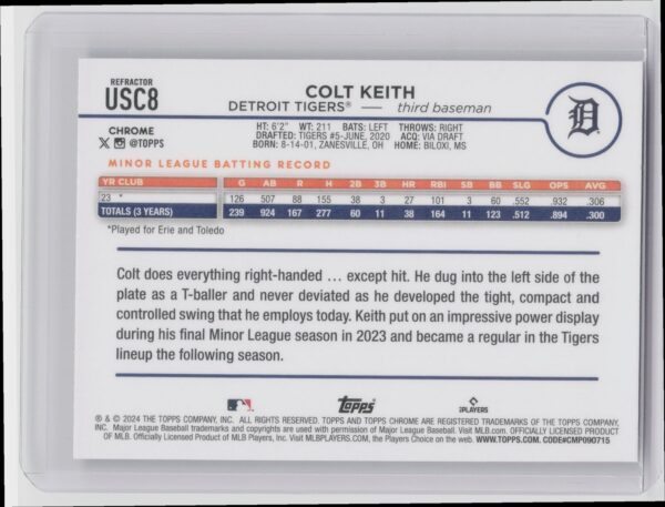 2024 Topps Chrome Update Colt Keith Prism Refractors #USC8 Tigers - Image 3