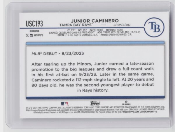 2024 Topps Chrome Update Junior Caminero RayWave Refractors #USC193 Rays - Image 3