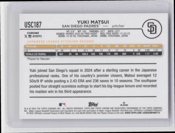2024 Topps Chrome Update Yuki Matsui RC #USC187 Padres - Image 3