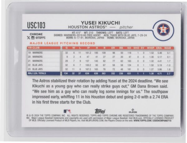 2024 Topps Chrome Update Yusei Kikuchi X Fractors #USC103 Astros - Image 3