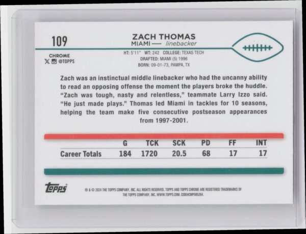 2024 Topps Chrome Zach Thomas X Fractor #109 Dolphins - Image 3