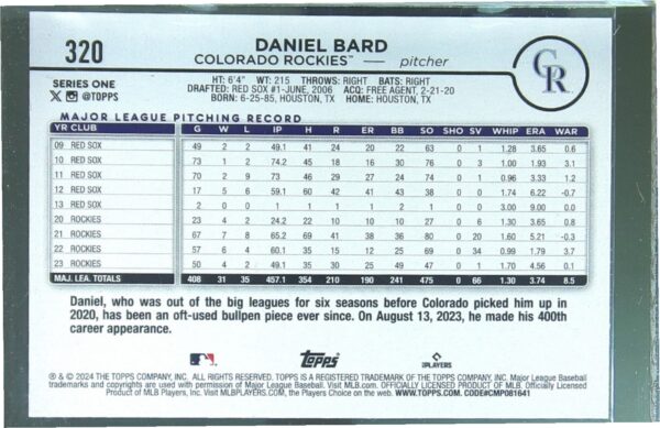 2024 Topps Daniel Bard Holiday #320 Rockies - Image 3