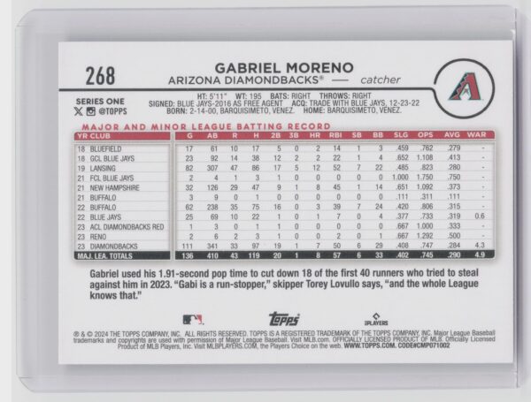 2024 Topps Gabriel Moreno Future Stats #298 Diamondbacks - Image 3
